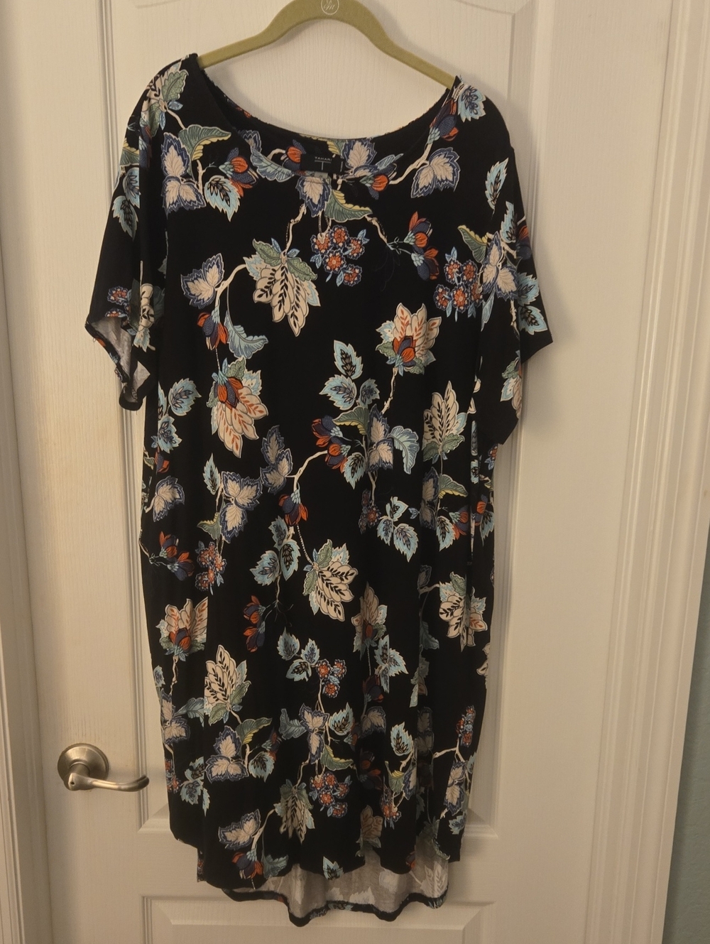 Tahari Woman 2X Black Dress with Blue, Cream & Orange Floral Print